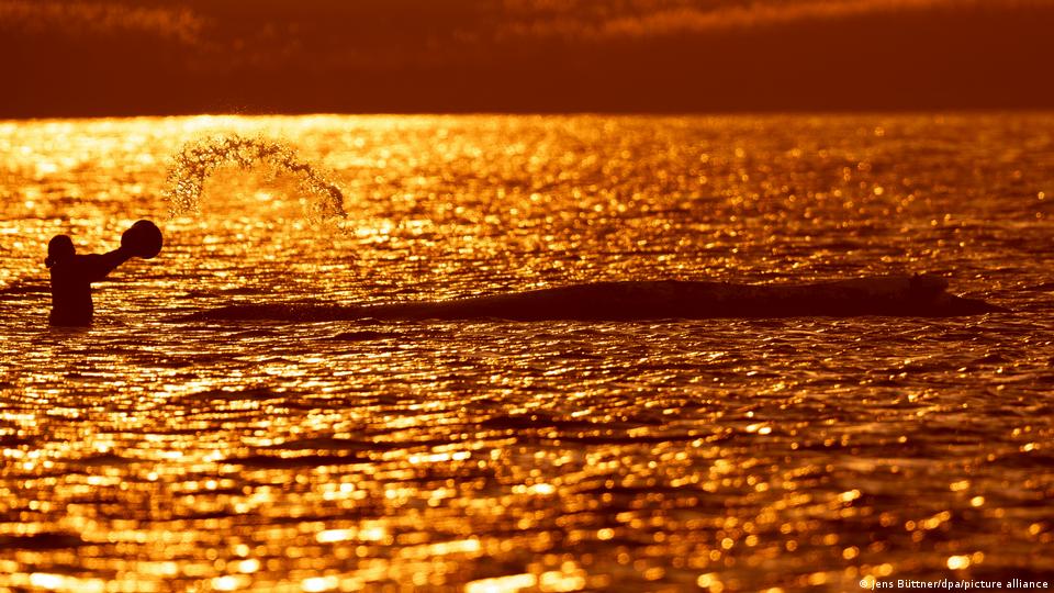 Ein Helfer spritzt mit einem Eimer Wasser auf den freiliegenden Rücken eines Buckelwals, der bei Sonnenuntergang vor der Küste Norddeutschlands gestrandet ist. 24. April 2026. 