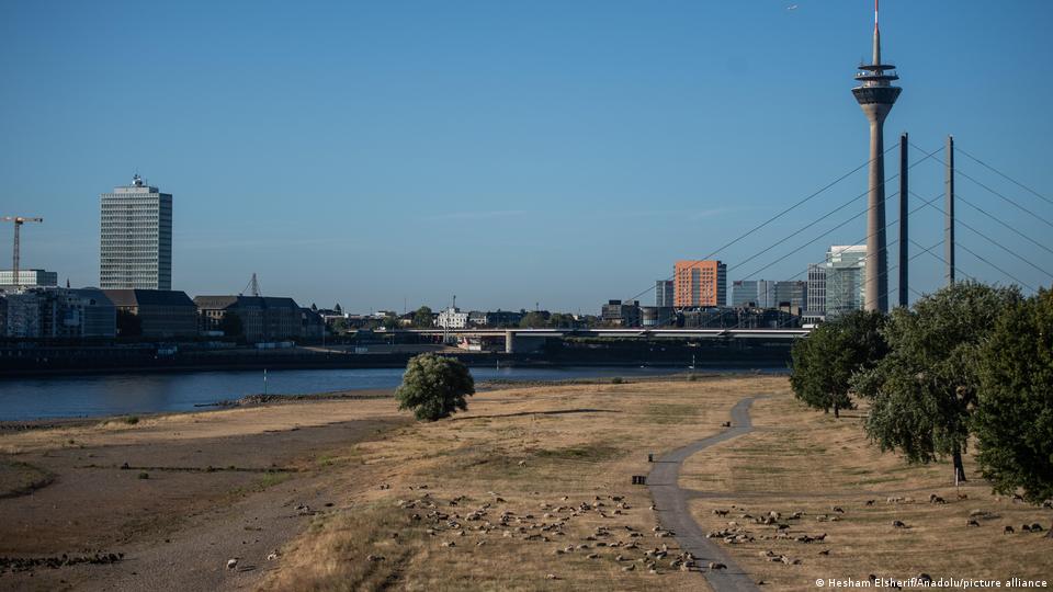 Ein Blick auf den teilweise ausgetrockneten Rhein in Düsseldorf, Deutschland, am 11. August 2026