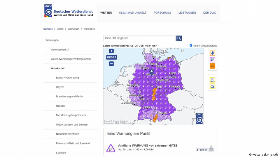 Ein Screenshot der Hitzewarnkarte Deutscher Wetterdiest für Deutschland am Morgen des 28. Juni 2026. 
