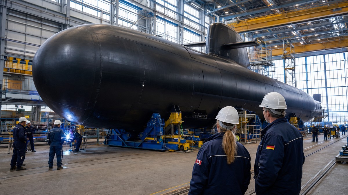 Kanadische und deutsche Ingenieure vor einem U-Boot im Bau in einer deutschen Werft