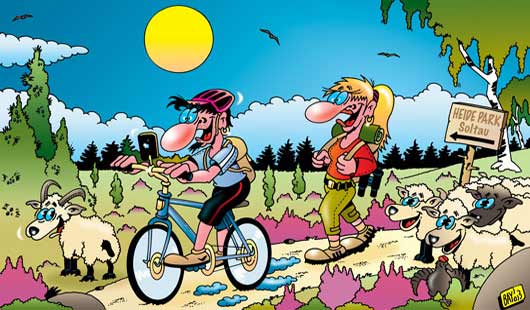 Cartoon - Die Lüneburger Heide ist einfach schön für Wanderer, Radfahrer und Heidschnucken